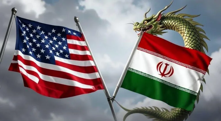 A conceptual image showing a paused conflict between US and Iran flags, with a Chinese dragon subtly gaining advantage in the background, symbolizing strategic gaps in ceasefire agreements.