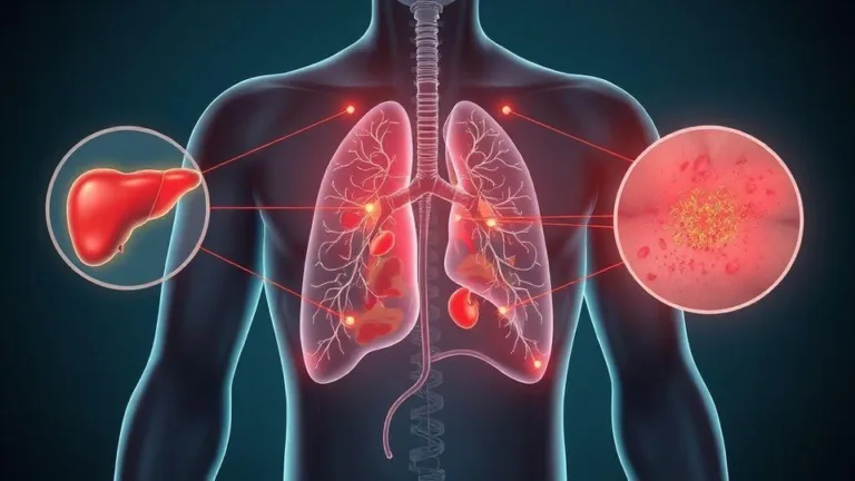 A conceptual medical illustration showing internal organs (liver, kidneys, lungs) sending warning signals to itchy skin surface, with glowing connection lines, professional healthcare style