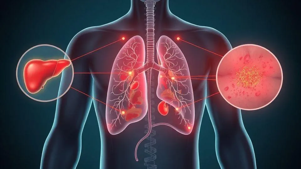 A conceptual medical illustration showing internal organs (liver, kidneys, lungs) sending warning signals to itchy skin surface, with glowing connection lines, professional healthcare style
