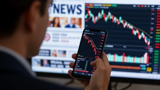 A concerned investor looking at a smartphone screen showing volatile stock market charts with red downward trends, war news headlines in the background, and an oil price chart spiking dramatically.
