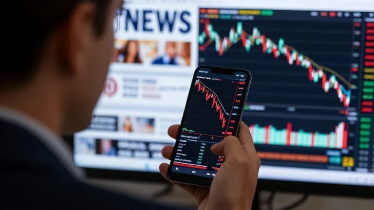 A concerned investor looking at a smartphone screen showing volatile stock market charts with red downward trends, war news headlines in the background, and an oil price chart spiking dramatically.