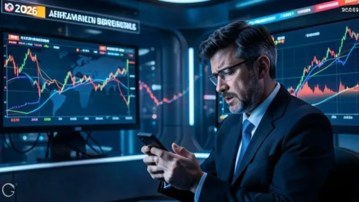 A confused investor looking at rapidly changing stock charts on a smartphone in a futuristic setting, with a background of global news headlines flashing, indicating market volatility in 2026.