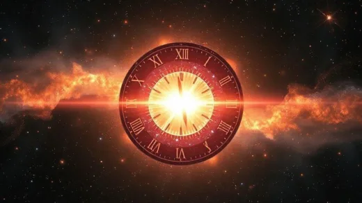 A cosmic clock showing midnight, with a bright flash of light representing the Big Bang, surrounded by rapidly expanding early universe filled with elementary particles and glowing plasma.