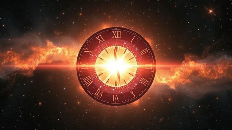 A cosmic clock showing midnight, with a bright flash of light representing the Big Bang, surrounded by rapidly expanding early universe filled with elementary particles and glowing plasma.