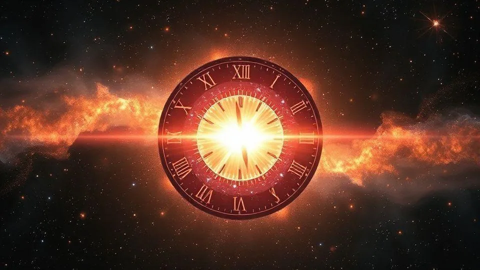 A cosmic clock showing midnight, with a bright flash of light representing the Big Bang, surrounded by rapidly expanding early universe filled with elementary particles and glowing plasma.
