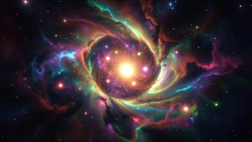 A cosmic nursery, with swirling clouds of vibrant gas and dust collapsing under gravity, illuminating newly formed protostars at its core, creating a sense of nascent power.