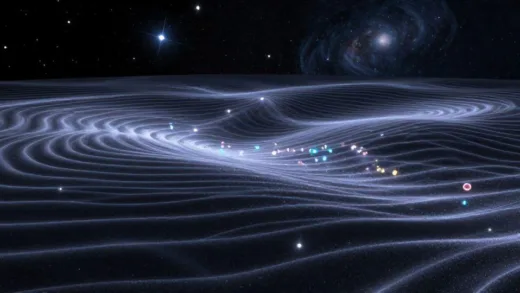 A cosmic visualization showing the fabric of spacetime being warped by gravity, with invisible gravitons flowing through the universe like waves, creating a shimmering effect around stars and galaxies.