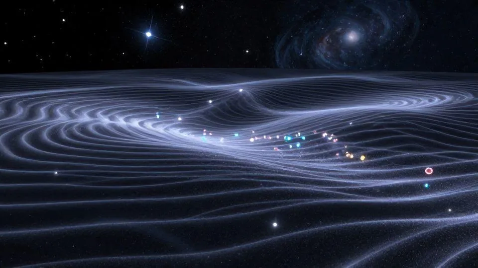 A cosmic visualization showing the fabric of spacetime being warped by gravity, with invisible gravitons flowing through the universe like waves, creating a shimmering effect around stars and galaxies.