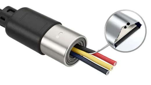 A cross-section diagram of a USB charging cable showing multiple layers: outer jacket, metal shield layer, and insulated inner wires with color coding, magnified view of torn cable end revealing silver shield
