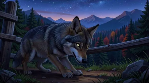 A curious wolf, Neunggu, with bright eyes, digging under a rustic wooden fence at dusk, with a vast, vibrant forest and distant mountains under a starry sky in the background, showing both determination and a hint of wildness.