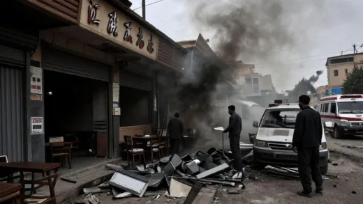 A dark, tense scene in Kabul Afghanistan showing a damaged Chinese restaurant after a bomb blast, with smoke rising and emergency vehicles in the background, conveying geopolitical tension.
