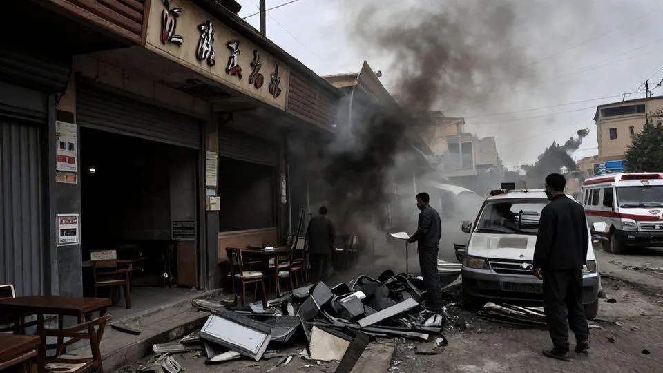 A dark, tense scene in Kabul Afghanistan showing a damaged Chinese restaurant after a bomb blast, with smoke rising and emergency vehicles in the background, conveying geopolitical tension.