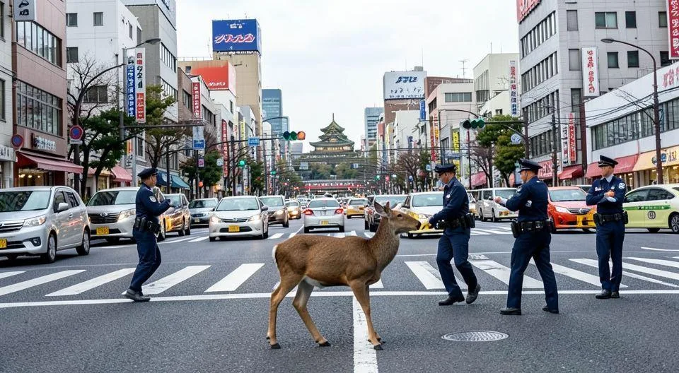 A deer crossing a busy street in Osaka city near Osaka Castle, with police officers trying to guide it, traffic congestion in background, realistic urban scene