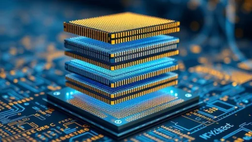 A detailed 3D visualization of High Bandwidth Memory (HBM) chips stacked vertically on a semiconductor wafer, with data flowing between layers, representing AI and data center technology. Futuristic blue and gold lighting, highly detailed circuit patterns.