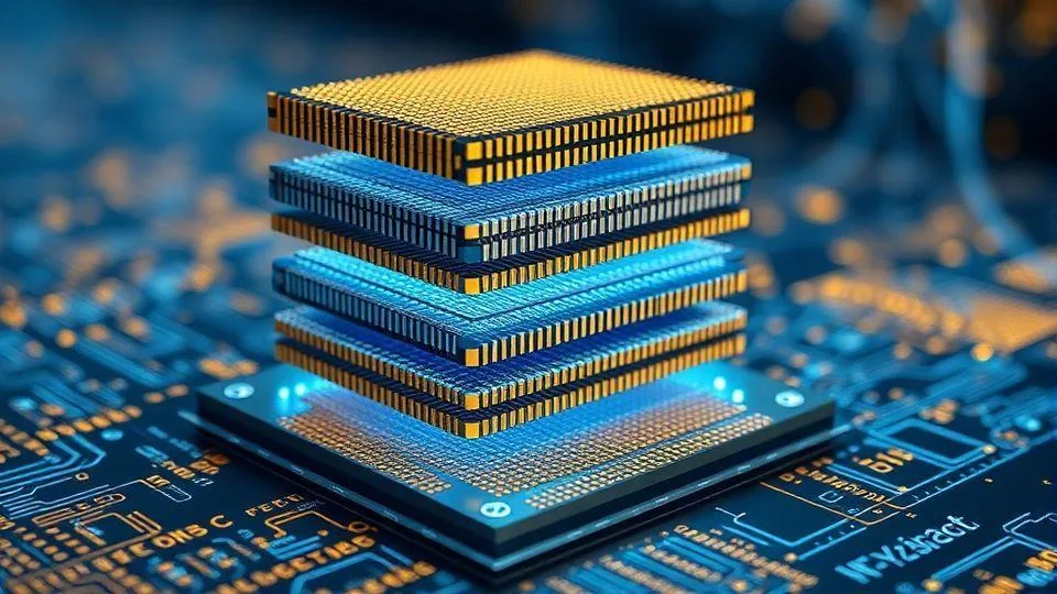 A detailed 3D visualization of High Bandwidth Memory (HBM) chips stacked vertically on a semiconductor wafer, with data flowing between layers, representing AI and data center technology. Futuristic blue and gold lighting, highly detailed circuit patterns.
