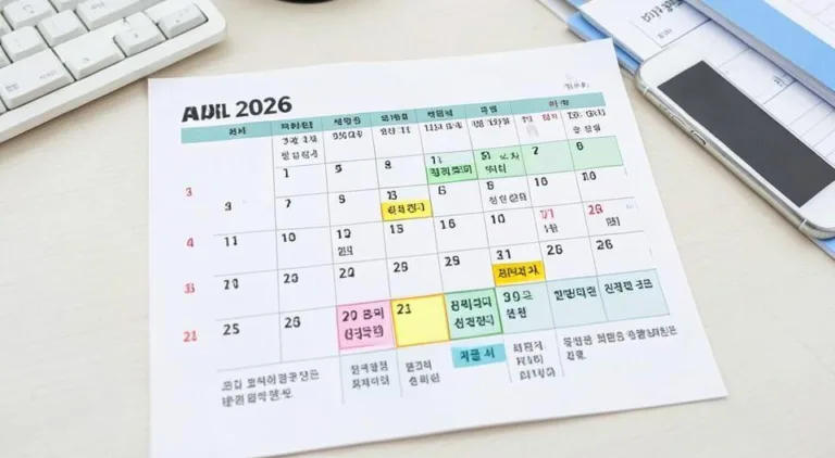 A detailed calendar showing April and May 2026 with highlighted dates for energy voucher application periods, with Korean text labels for first and second application phases, on a clean office desk with smartphone and documents