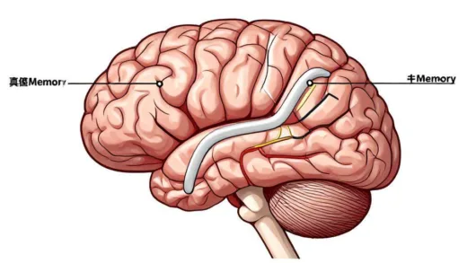 A detailed conceptual illustration showing a human brain with two pathways: one representing truth memory and one representing false memory, with the false memory pathway gradually overriding the true one. The brain is shown in a scientific diagram style with neural connections highlighted.