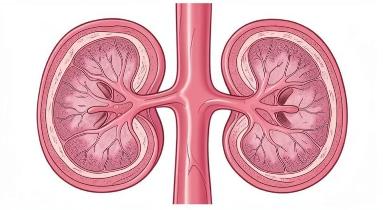 A detailed cross-section illustration of human kidneys showing blood filtration process, medical visualization, clean professional style
