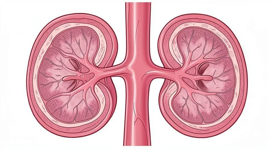 A detailed cross-section illustration of human kidneys showing blood filtration process, medical visualization, clean professional style