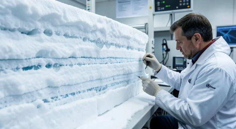 A detailed cross-section of Antarctic ice core showing layers of compressed snow and trapped air bubbles, with a scientist carefully examining it in a modern laboratory, hyperrealistic style