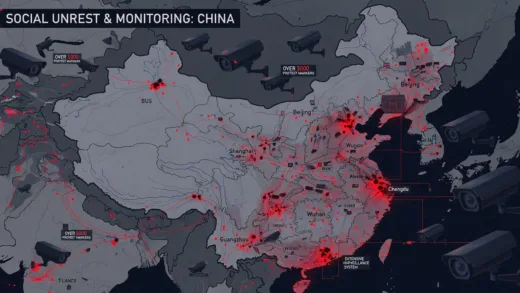 A detailed digital illustration showing a map of China with over 5000 red protest markers scattered across major cities, with surveillance camera icons in the background representing the extensive monitoring system. The visual should convey tension and widespread social unrest.