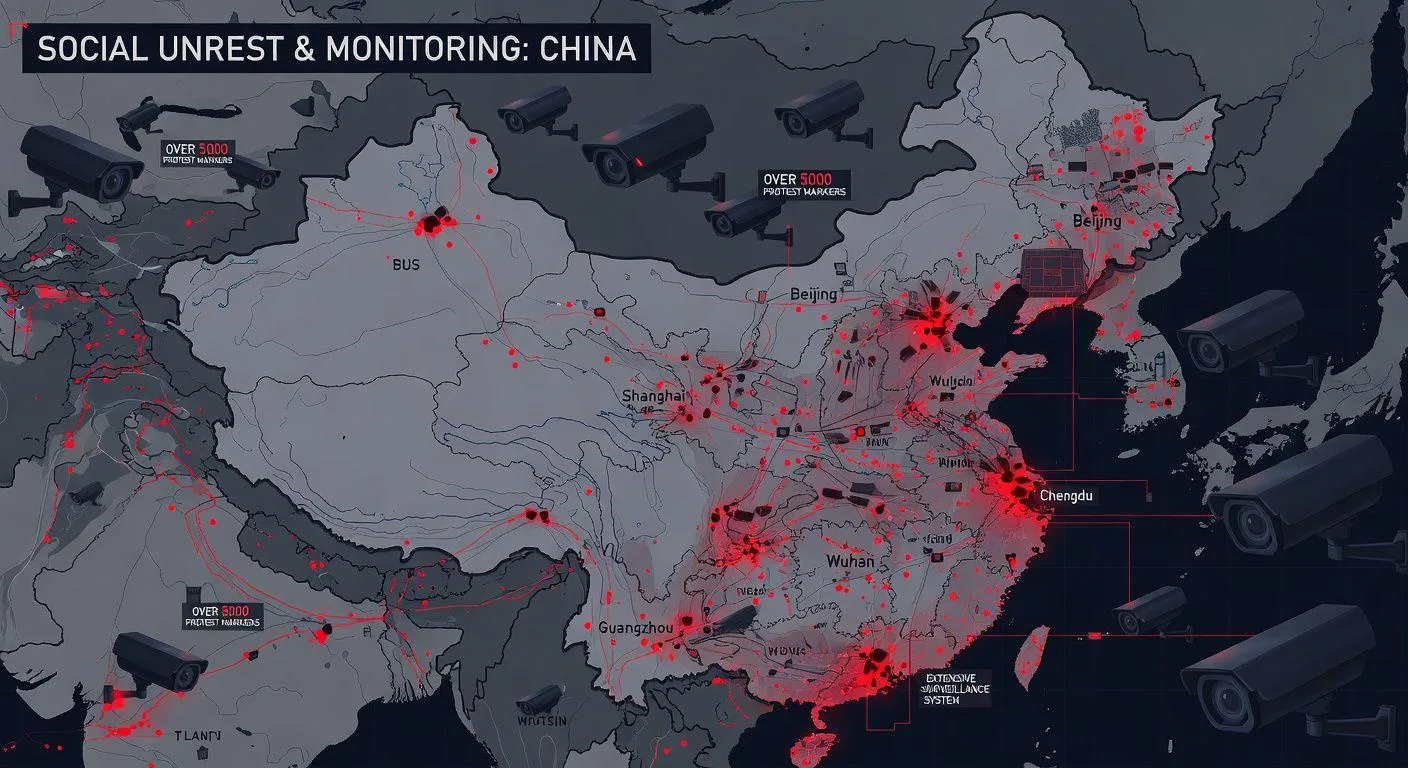 A detailed digital illustration showing a map of China with over 5000 red protest markers scattered across major cities, with surveillance camera icons in the background representing the extensive monitoring system. The visual should convey tension and widespread social unrest.