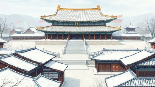A detailed historical illustration of Gyeongbokgung Palace in winter, showing the contrast between the main hall without heating and the living quarters with traditional ondol heating system. Snow-covered roofs and traditional Korean architecture.