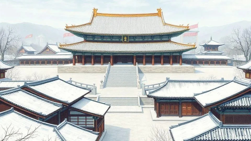 A detailed historical illustration of Gyeongbokgung Palace in winter, showing the contrast between the main hall without heating and the living quarters with traditional ondol heating system. Snow-covered roofs and traditional Korean architecture.