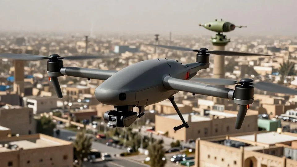 A detailed illustration of a Chinese Wing 2 drone flying over the city of Shiraz, Iran, with Iranian air defense systems in the background, cinematic lighting, realistic military aesthetic