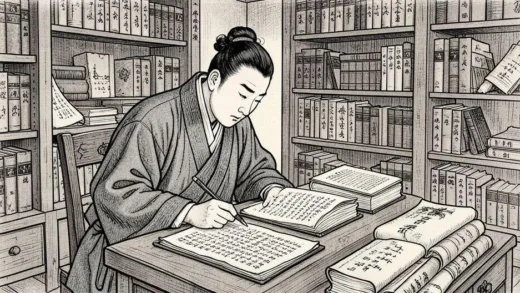 A detailed illustration of a Korean scholar in Joseon Dynasty attire, deeply engrossed in studying historical documents in a traditional library, with shelves filled with ancient books and scrolls.
