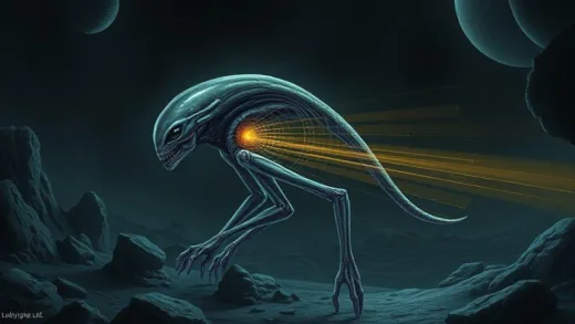 A detailed illustration of a Lockin alien species showing their sound-based echolocation system with sound waves radiating from their body in a dark alien environment, highlighting their lack of eyes and advanced sensory receptors.