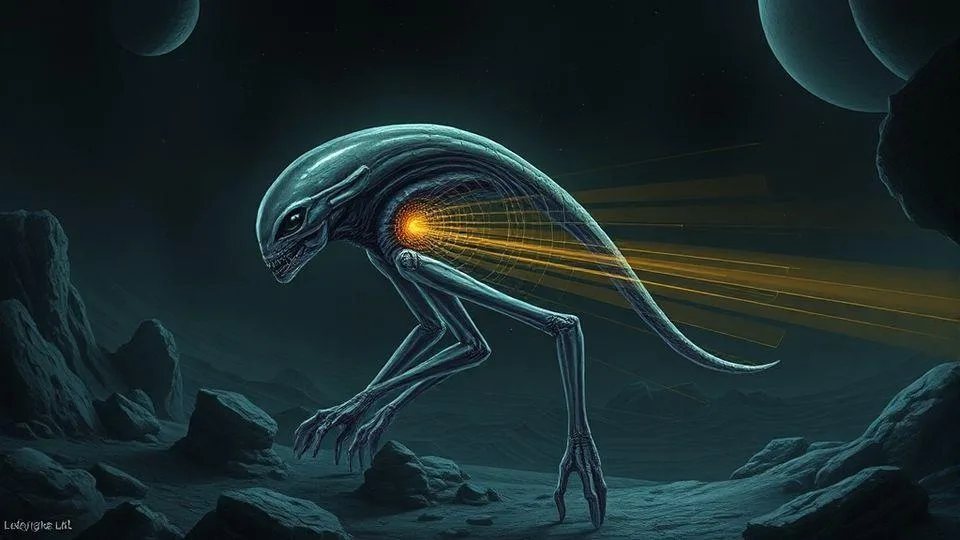 A detailed illustration of a Lockin alien species showing their sound-based echolocation system with sound waves radiating from their body in a dark alien environment, highlighting their lack of eyes and advanced sensory receptors.