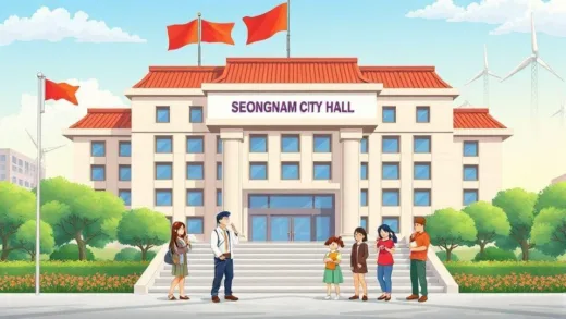 A detailed illustration of Seongnam City Hall with citizens receiving energy support payments, showing happy families and energy price charts in the background, vibrant colors, realistic style