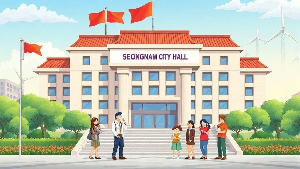 A detailed illustration of Seongnam City Hall with citizens receiving energy support payments, showing happy families and energy price charts in the background, vibrant colors, realistic style