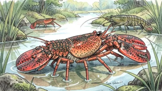 A detailed illustration of Signal Crayfish (Pacifastacus leniusculus) in a European freshwater habitat, showing its distinctive red claws and spotted pattern, with native European crayfish in the background looking smaller and less vibrant.