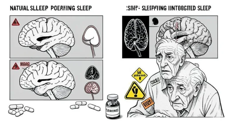 A detailed illustration showing a comparison between natural sleep and sleeping pill-induced sleep, with brain activity scans showing differences. An elderly person looking confused near a medicine bottle, with warning symbols around sleeping pills.
