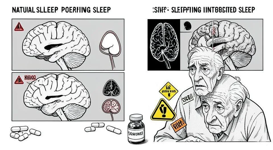 A detailed illustration showing a comparison between natural sleep and sleeping pill-induced sleep, with brain activity scans showing differences. An elderly person looking confused near a medicine bottle, with warning symbols around sleeping pills.