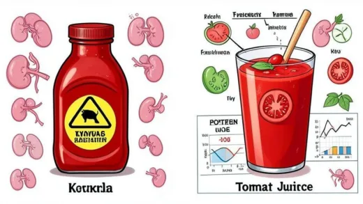 A detailed illustration showing a comparison between tomato ketchup and tomato juice, with kidney health symbols in the background. One side shows a bottle of ketchup with warning signs, the other shows fresh tomato juice with healthy symbols. Medical charts and potassium levels visible.