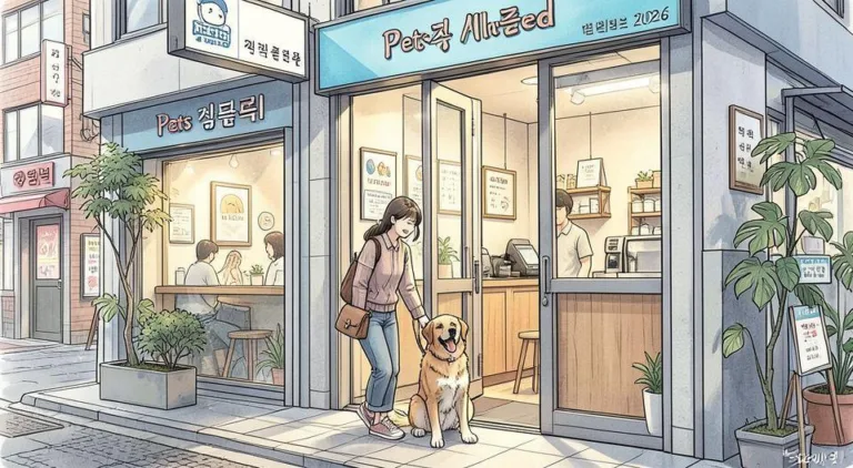 A detailed illustration showing a happy dog owner with their pet entering a cafe with a welcoming sign that says 'Pets Allowed', set in a modern Korean urban setting in 2026