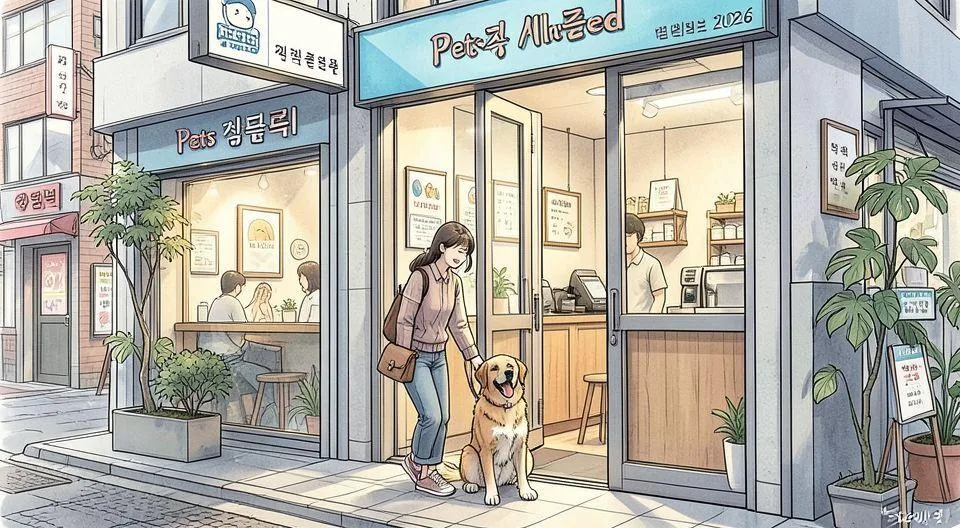 A detailed illustration showing a happy dog owner with their pet entering a cafe with a welcoming sign that says 'Pets Allowed', set in a modern Korean urban setting in 2026