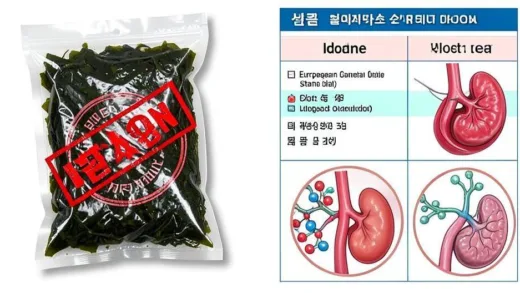A detailed illustration showing a package of Korean seaweed (gim) with a red banned stamp over it, representing Germany's import ban. In the background, a comparison chart shows iodine levels in gim versus European dietary standards, with magnified views of thyroid gland and molecular structures of iodine.