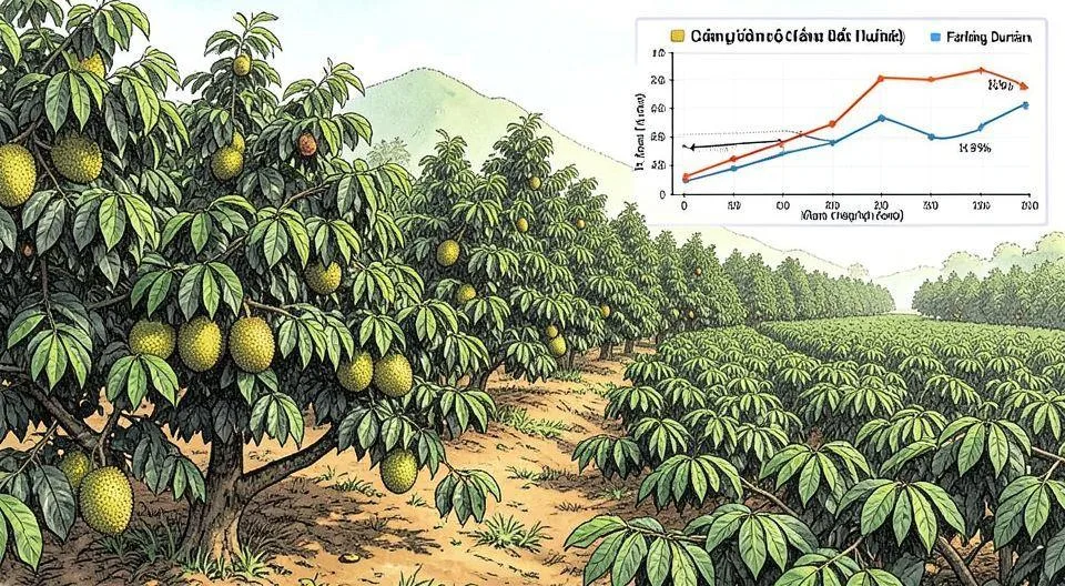 A detailed illustration showing a Vietnamese coffee farm with durian trees growing between coffee plants, representing the agricultural shift. In the background, a graph shows rising coffee prices and falling durian prices. The scene should show the contrast between traditional coffee farming and new durian cultivation.