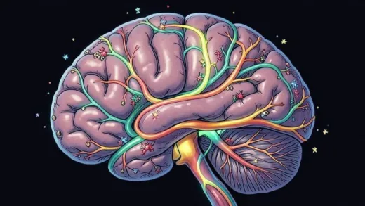 A detailed illustration showing the brain's glymphatic system cleaning toxic proteins during deep sleep, with glowing pathways removing waste products from neural tissue.