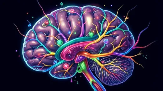 A detailed illustration showing the brain's glymphatic system cleaning toxins during deep sleep, with glowing neural connections and waste removal process in vibrant colors