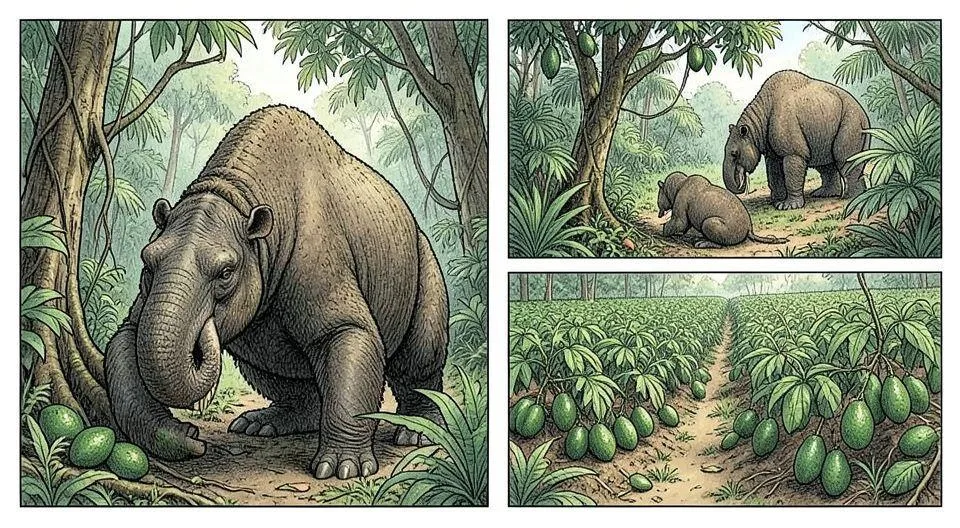 A detailed illustration showing the evolutionary history of avocados, with large prehistoric mammals like giant ground sloths eating wild avocados in a Central American rainforest, contrasting with modern avocado cultivation.