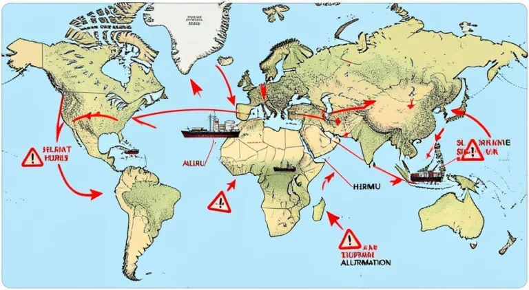 A detailed illustration showing the Strait of Hormuz on a world map with cargo ships and oil tankers, with red warning symbols and arrows indicating supply chain disruptions, focusing on helium and aluminum transportation routes.