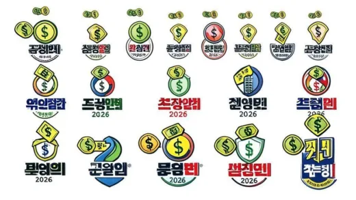 A detailed illustration showing various South Korean city logos with money icons floating above them, representing different local government subsidies in 2026