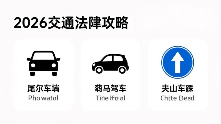 A detailed infographic showing 2026 traffic law changes in Korea, with icons for tailgating, drug driving, and traffic signs, modern minimalist design