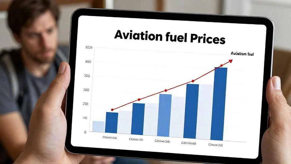 A detailed infographic showing the dramatic rise in aviation fuel prices from 2024 to 2026, with comparison charts between crude oil and aviation fuel prices, displayed on a tablet screen with concerned traveler in background.