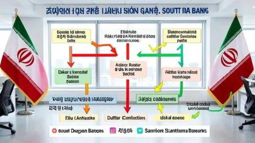 A detailed infographic showing the flow of Iranian oil payments through South Korean banks, with arrows indicating blocked dollar conversion paths and sanctions barriers, set in a modern financial office environment with Korean and Iranian flags in the background.